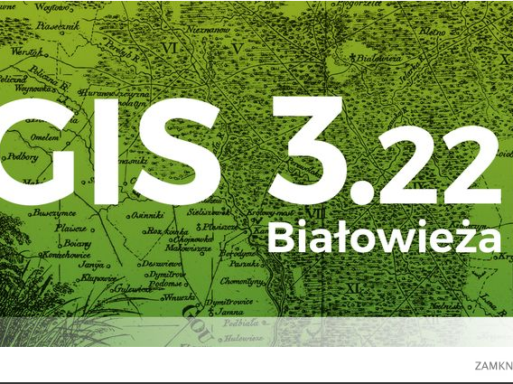 na zielonym tle mapy znajduje się napis QGIS 3.22 Białowieża