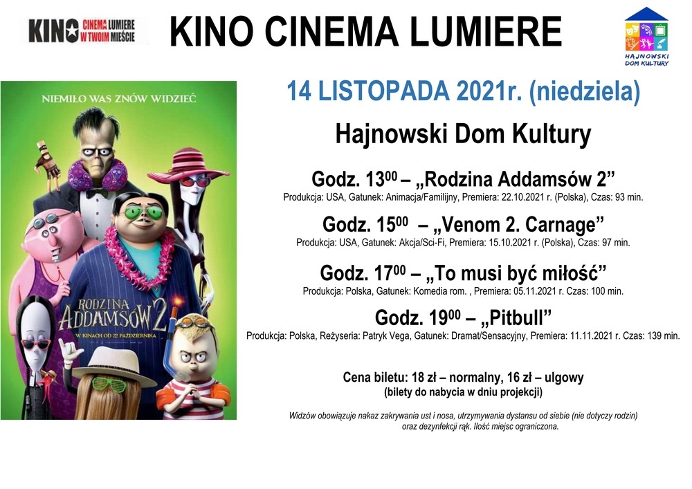 plakat z filmu Rodziny Addamsów, po prawej stronie podane tytuły filmów oraz godziny emisji.