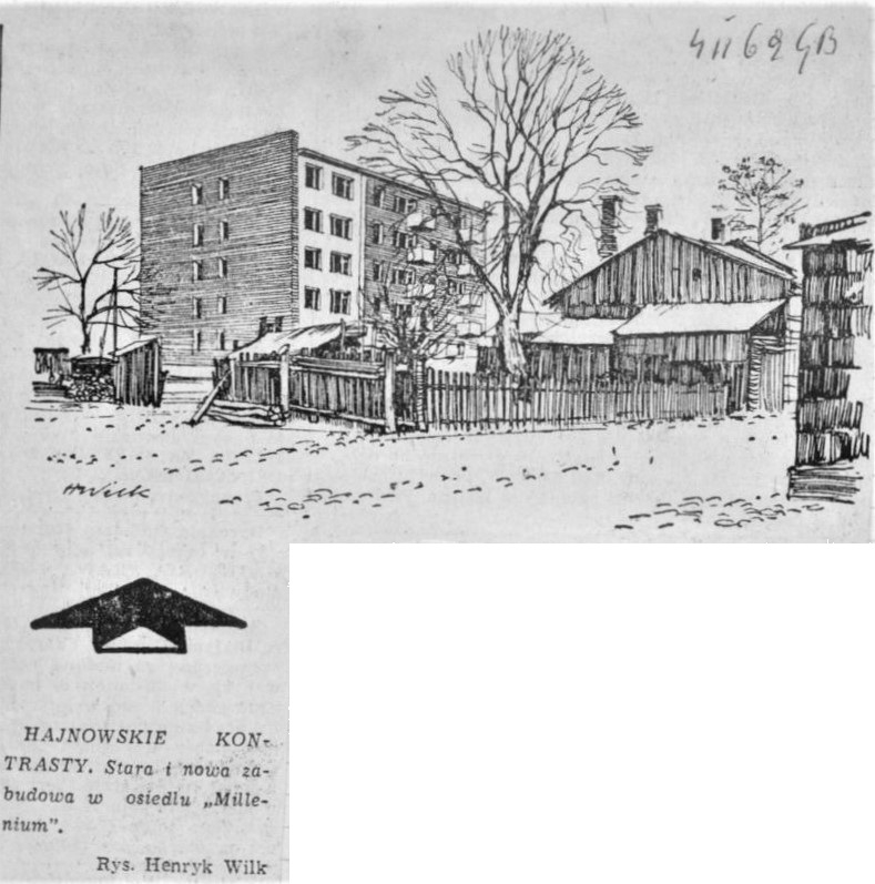 HAJNOWSKIE KONTRASTY. Stara i nowa zabudowa w osiedlu "Millenium". Rys. Henryk Wilk (04.02.1969, Gazeta Białostocka)