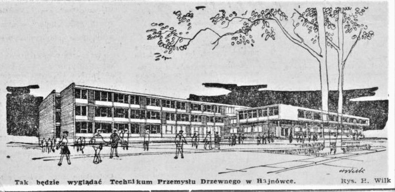 Tak będzie wyglądać Technikum Przemysłu Drzewnego w Hajnówce. Rys. H. Wilk (1966 r.)
