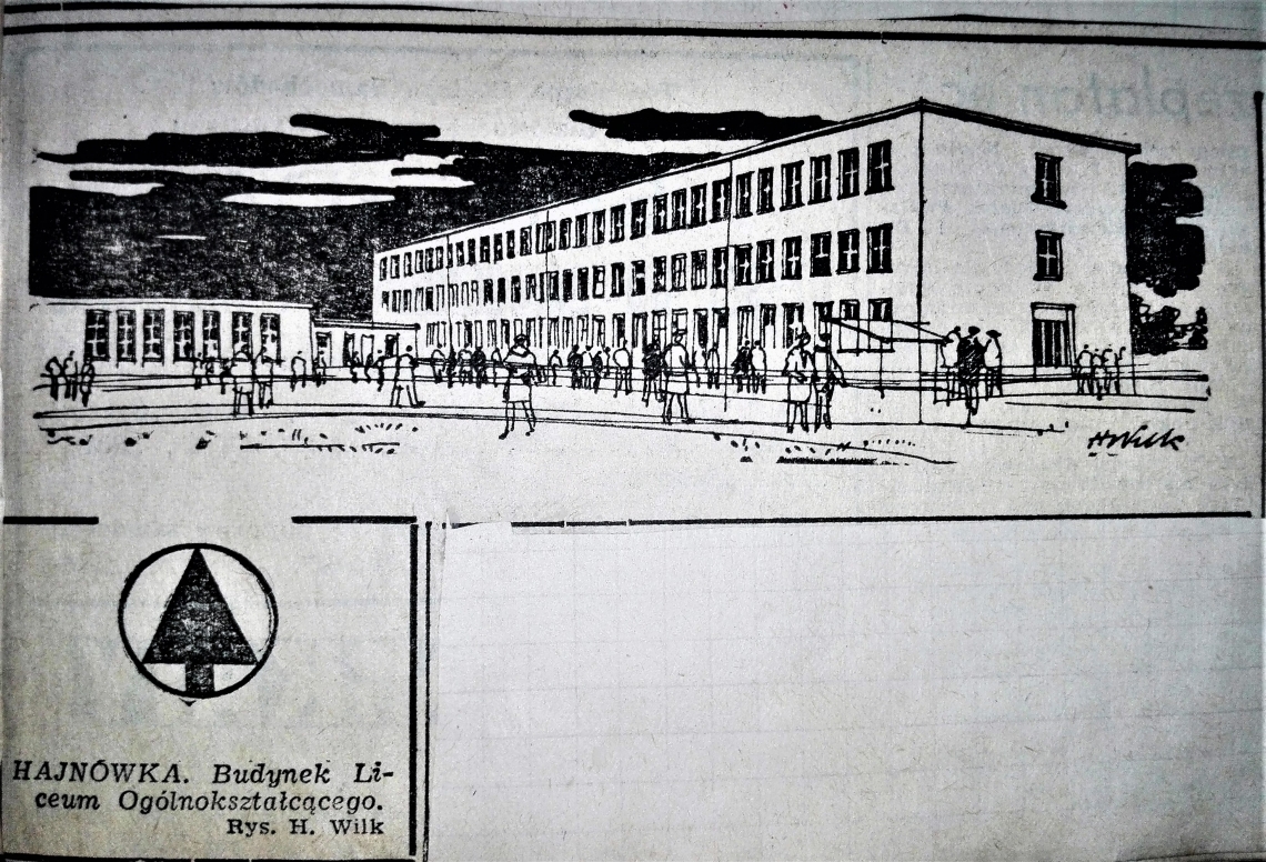 HAJNÓWKA. Budynek Liceum Ogólnokształcącego. Rys. H. Wilk.