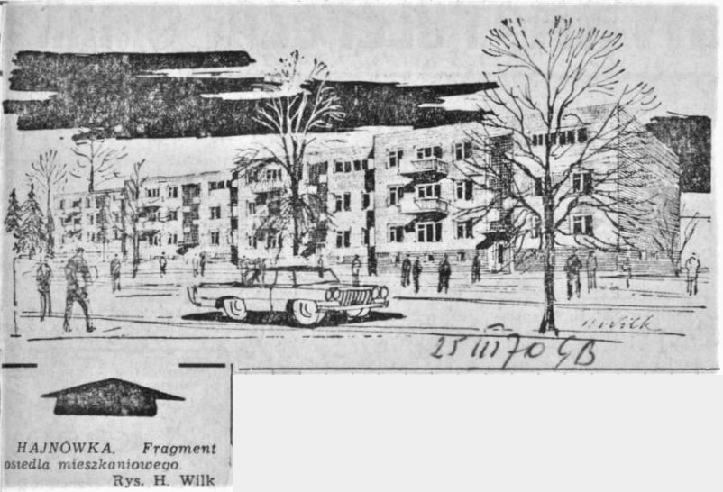 HAJNÓWKA. Fragment osiedla mieszkaniowego. Rys. H. Wilk (25.03.1970, Gazeta Białostocka)