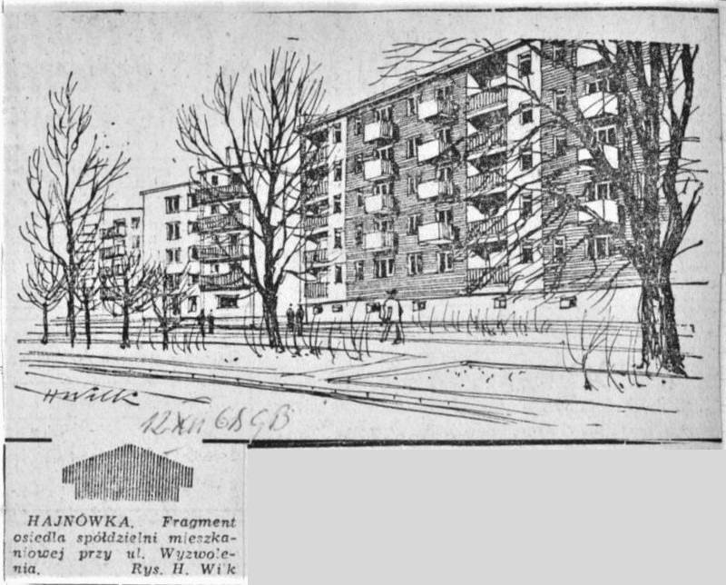 HAJNÓWKA. Fragment  osiedla spółdzielni mieszkaniowej przy ul. Wyzwolenia. Rys. H. Wilk. (12.12.1968, Gazeta Białostocka)  