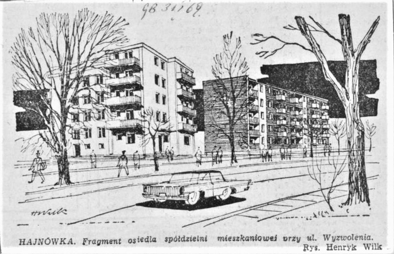 HAJNÓWKA. Fragment osiedla spółdzielni mieszkaniowej przy ul. Wyzwolenia. Rys. Henryk. Wilk (31.01.1969, Gazeta Białostocka)