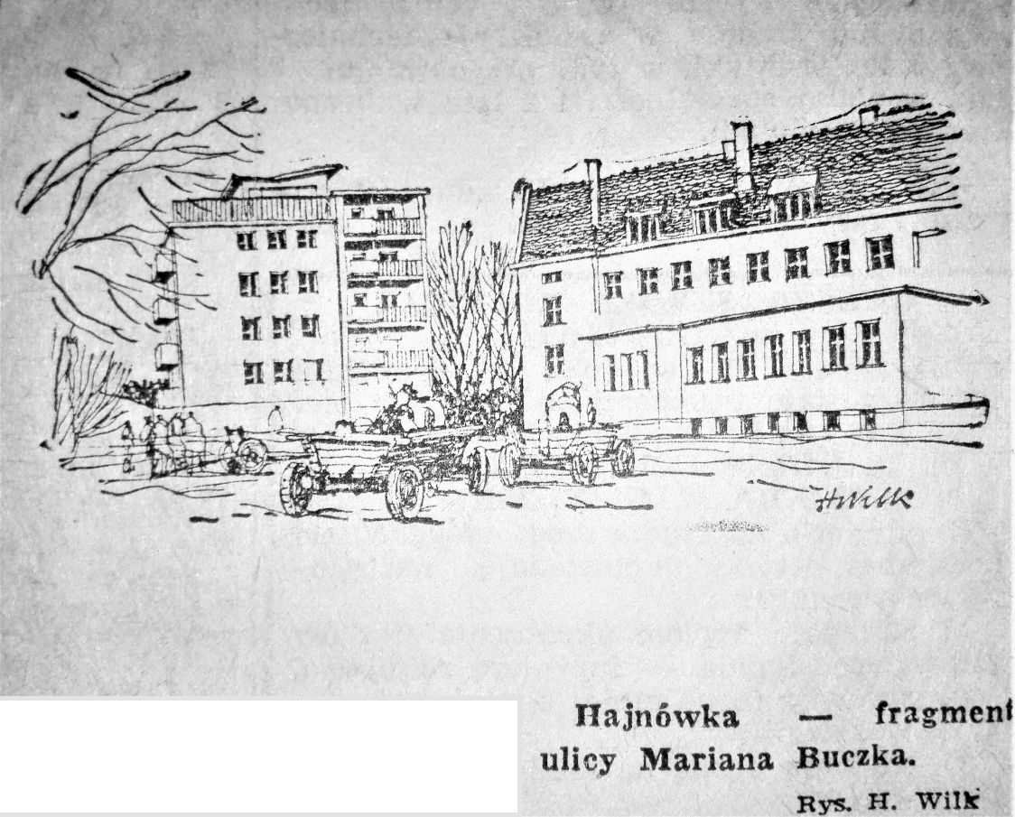 : HAJNÓWKA. Fragment ulicy Mariana Buczka. Rys. H. Wilk   Hajnówka - fragment ulicy Mariana Buczka. Rys. H. Wilk