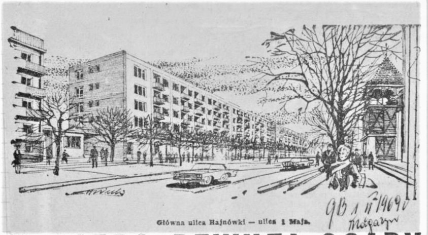 W centrum Hajnówki powstaje ośrodek usługowo-handlowy. Jednym z nowych pawilonów, który zostanie wybudowany w najbliższych latach, będzie pawilon handlowy przy ulicy Warszawskiej (na rysunku). Rys. H. Wilk (16.10.1968, Gazeta Białostocka)