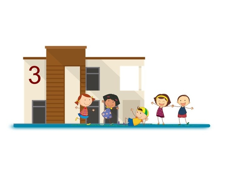 grafika: Przed budynkiem z cyfrą 3 znajduje się pięcioro śmiechniętych dzieci. 