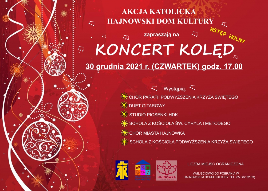 czerwony plakat z grafiką świąteczną oraz loga organizatorów i głównymi informacjami o spektaklu