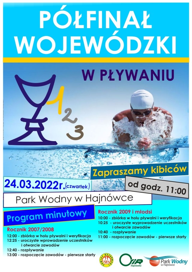 Na plakacie znajduje się zdjecie pływaka, informacje o wydarzeniu oraz loga organizatorów