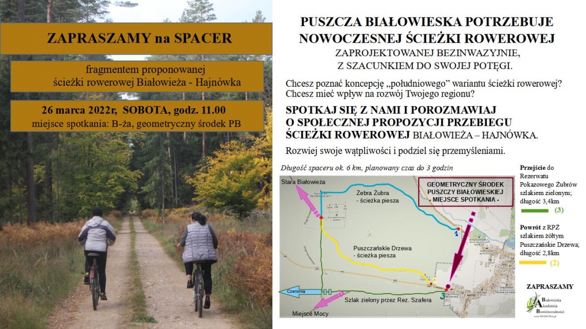 dwuczęsciowy plakat; po lewej stronie w tle zdjęcie rowerzystów jadących ścieżką w otoczeniu lasu, u góry treść zaproszenia; po prawej stronie mapa z nakrśloną propozycją trasy