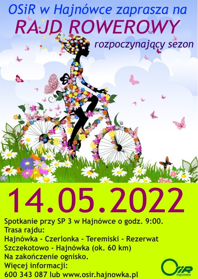 plakat wydarzenia; w centrum grafika osoby jadącej na rowerze, poniżej informacje dotyczące rajdu