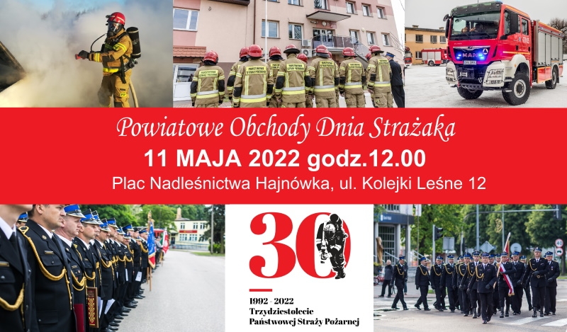 Plakat informujący o wydarzeniu, zawiera zdjęcia strażaków i wozów strażackich