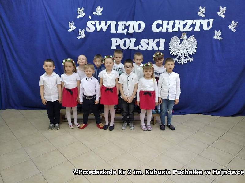 dzieci z poszczególnych grup przedszkolnych: „Sówki”, „Tygryski”, „Kangurki”, „Króliczki” i „Puchatki” biorące udział w Obchodach Święta Chrztu Polski.