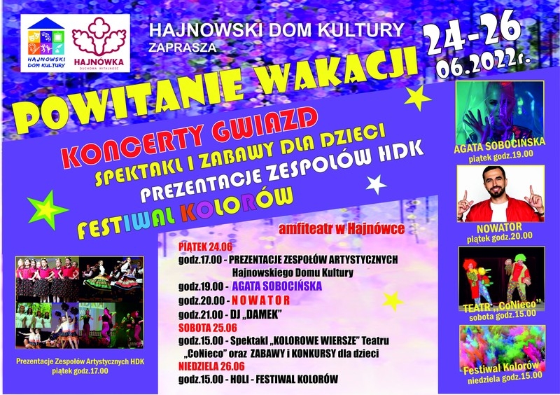 Plakat ze zdjeciami wykonawców, informacjami o wydarzeniu i logo organizatorów