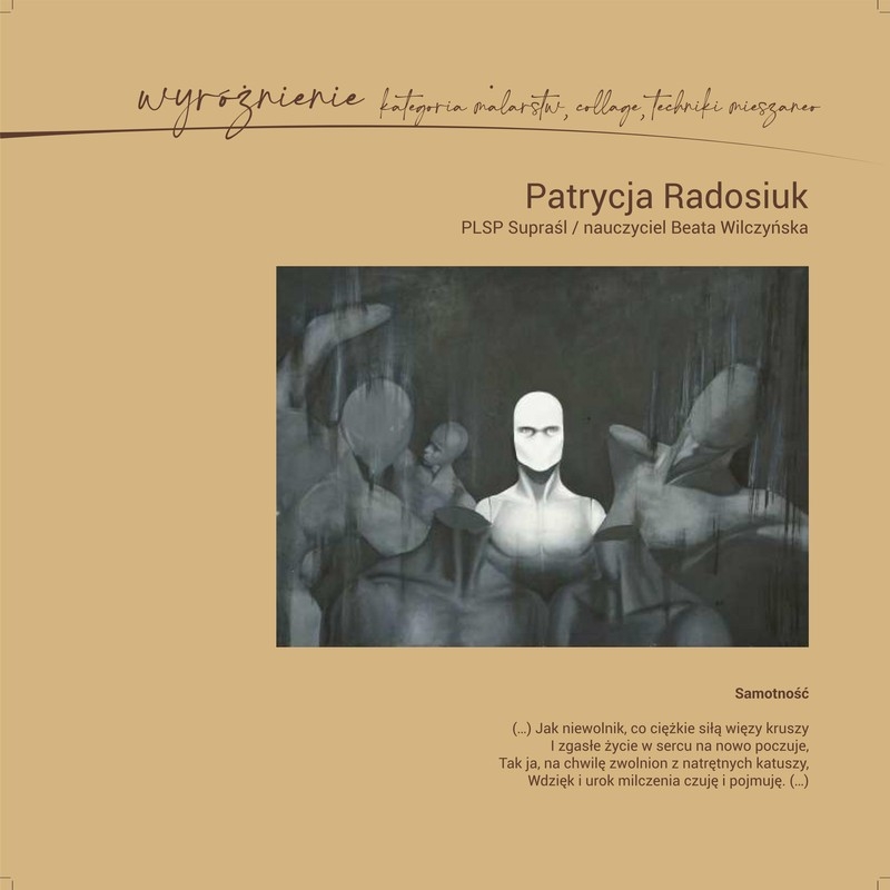 kartka z katalogu przedstawiająca wyróżnioną pracę i fragment wiersza Norwida