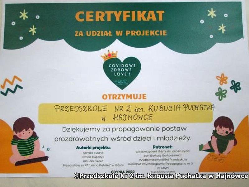 na zdjęciu widoczny jest Certyfikat udziału w Ogólnopolskim Projekcie Edukacyjnym "Covidowe zdrowe love"