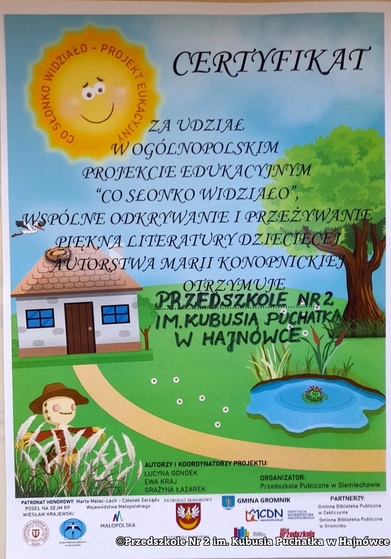 Certyfikat udziału w projekcie "Co słonko widziało"