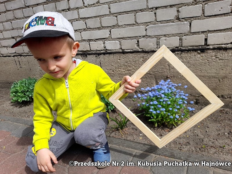 Dziecko kuca i przez drwenianą ramkę pokazuje kwiaty w donicy.