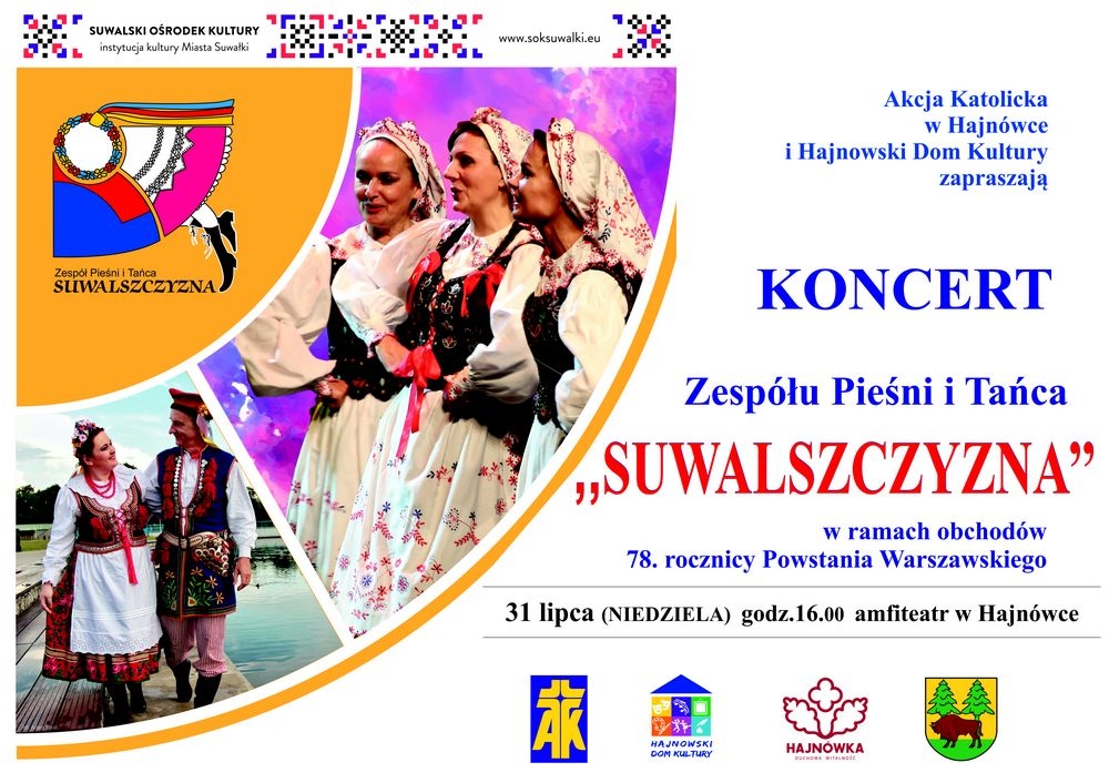 Zdjęcia wykonawców w ludowych strojach oraz loga organizatorów i informacje o wydarzeniu