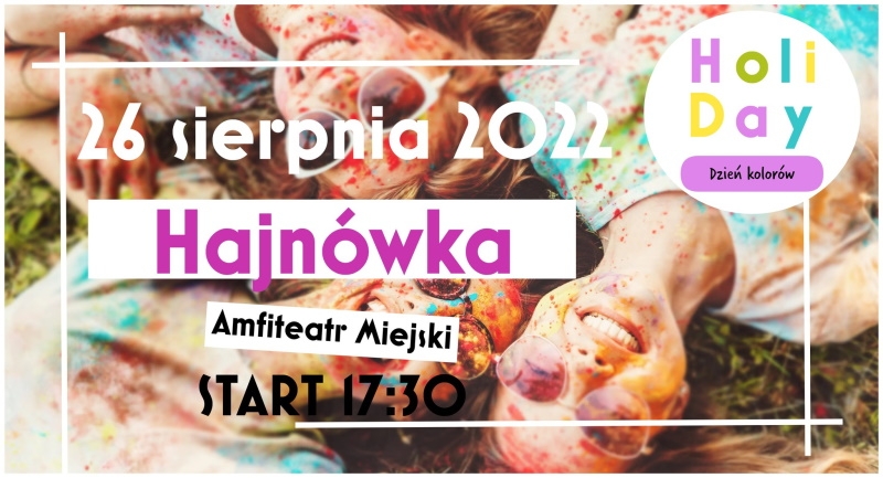 Plakat informujący o wydarzeniu, w tle uśmiechnięte twarze pomalowane w różnych kolorach