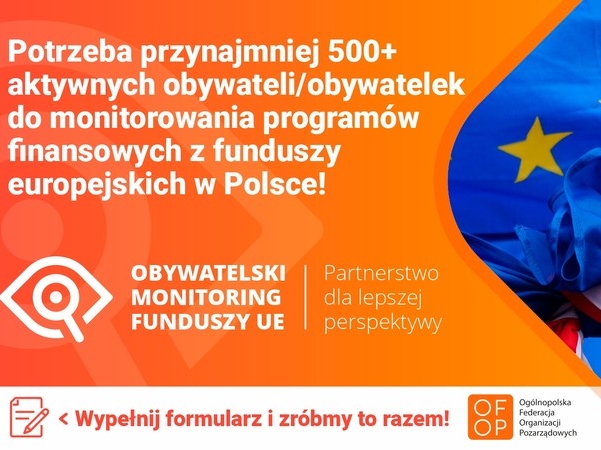 pomarańczowy bner z fragmentem flagi Polski i Unii Europejskiej oraz loga i hasła przedsiewzięcia by wypełnic formularz