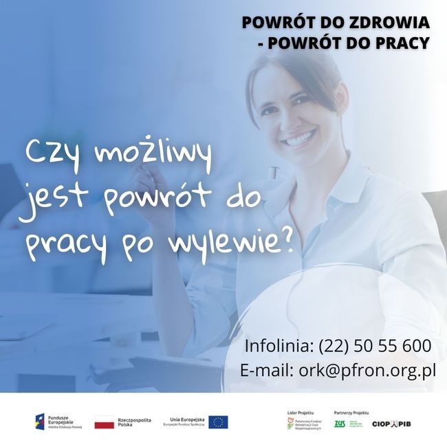 zdjeęcie uśmiechniętej kobiety oraz loga unijne
