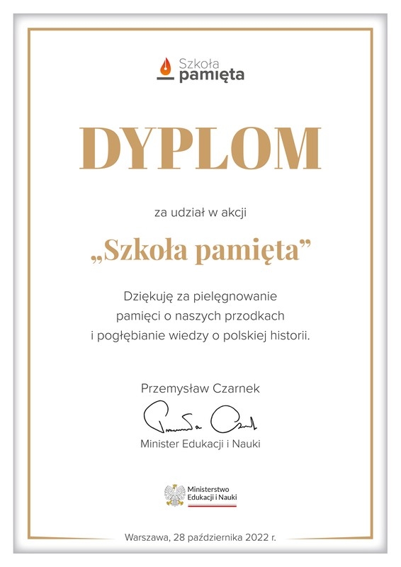 Dyplom za udział w akcji "Szkoła pamięta" podpisany przez Ministra Edukacji i Nauki