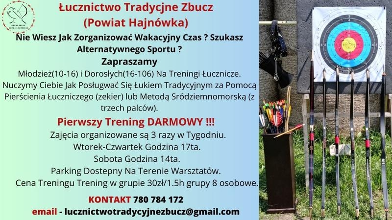 zdjęcie tarczy i łuków oraz informacje o zapisach na treningi