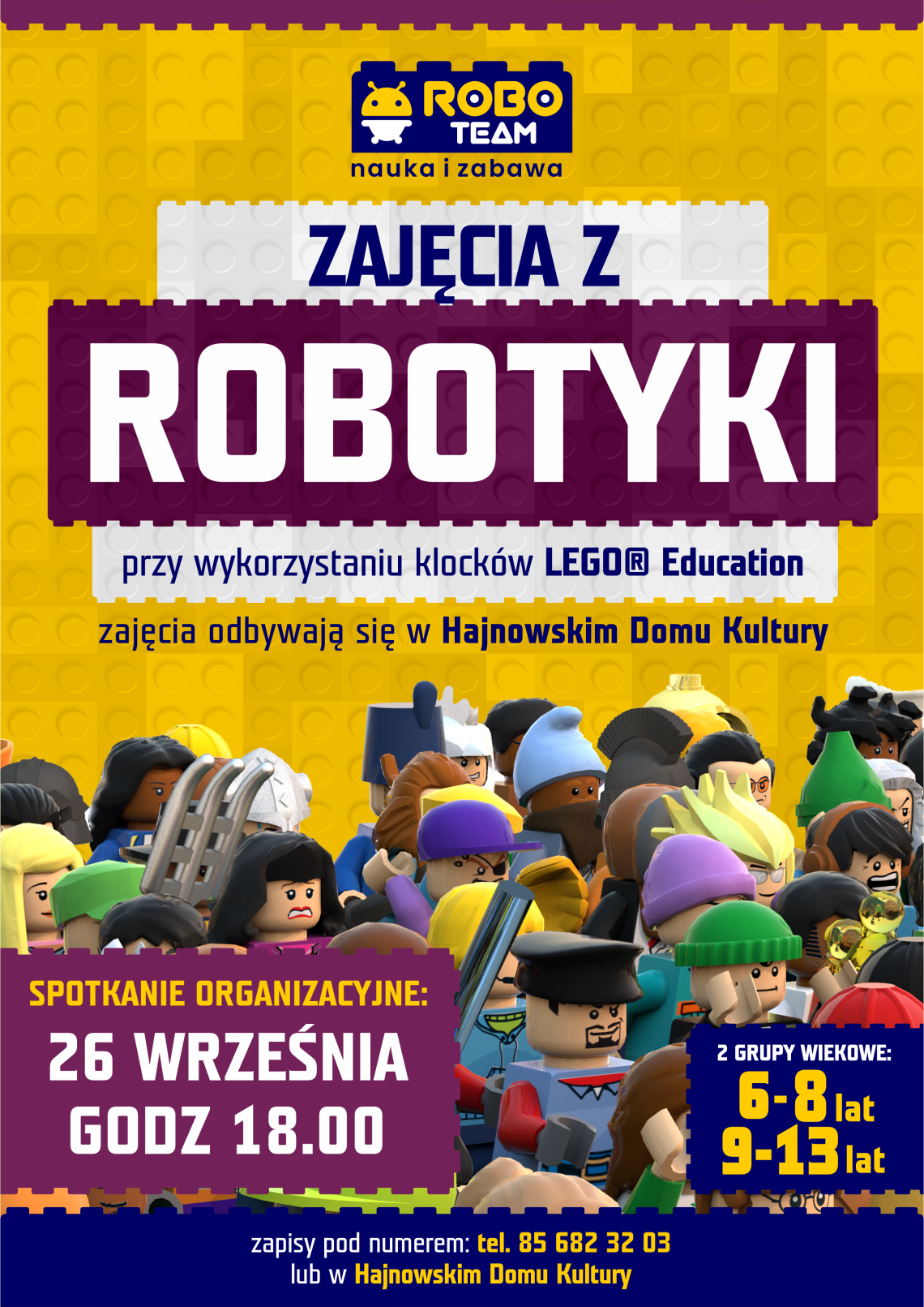 plakat, w tle figurki wykonane z klocków lego oraz informacje o zajęciach