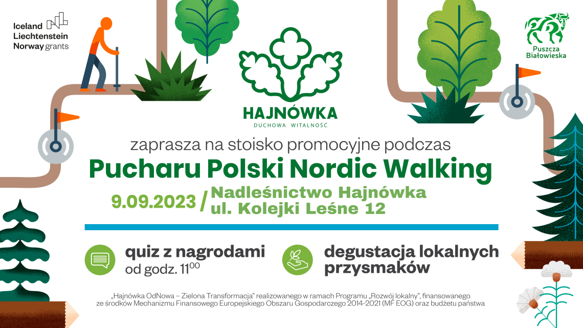 na białym tle leśna grafika (drzewa, liście), logo miasta Hajnowka, Lokalnej Organizacji Turystycznej oraz informacje o wydarzeniu