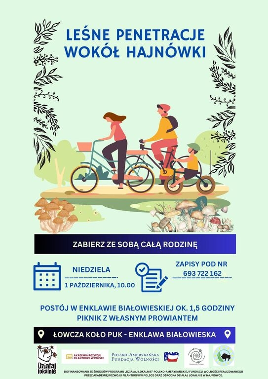 na jasnozielonym tle grafiki rodziny jadącej na rowerach, poniżej informacje o wyadarzeniu, logotypy programu finansującego oraz organizatora