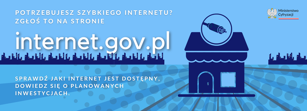 niebieski baner z grafiką domu i łącza nternetowego