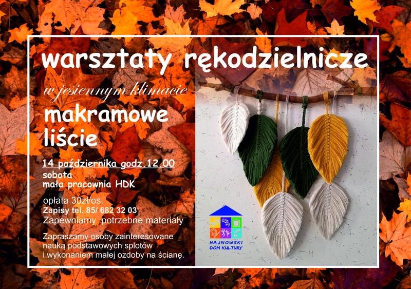 grafika liści jesiennych, logo organizatora oraz informaje o wydarzeniu