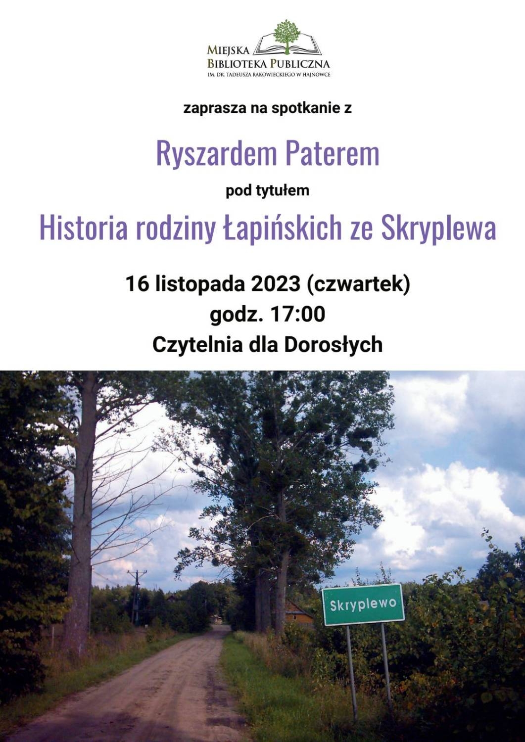 zdjecie drogi ze znakiem drogowym z nazwą Skryplewo, logo organizatora oraz informacje o wydarzeniu
