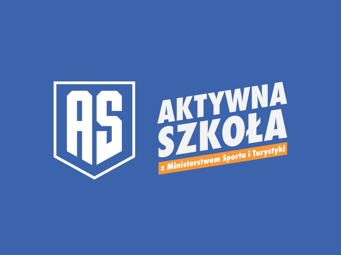 logo programu, na niebieskim tle biały napis Aktywna Szkoła, na pomarańczowym pasku biały napis z Ministerstwem Sportu i Turystyki