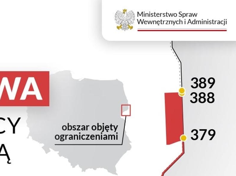 na mapie zaznaczona strefa buforowa przy granicy z Białorusią, logo ministerstwa