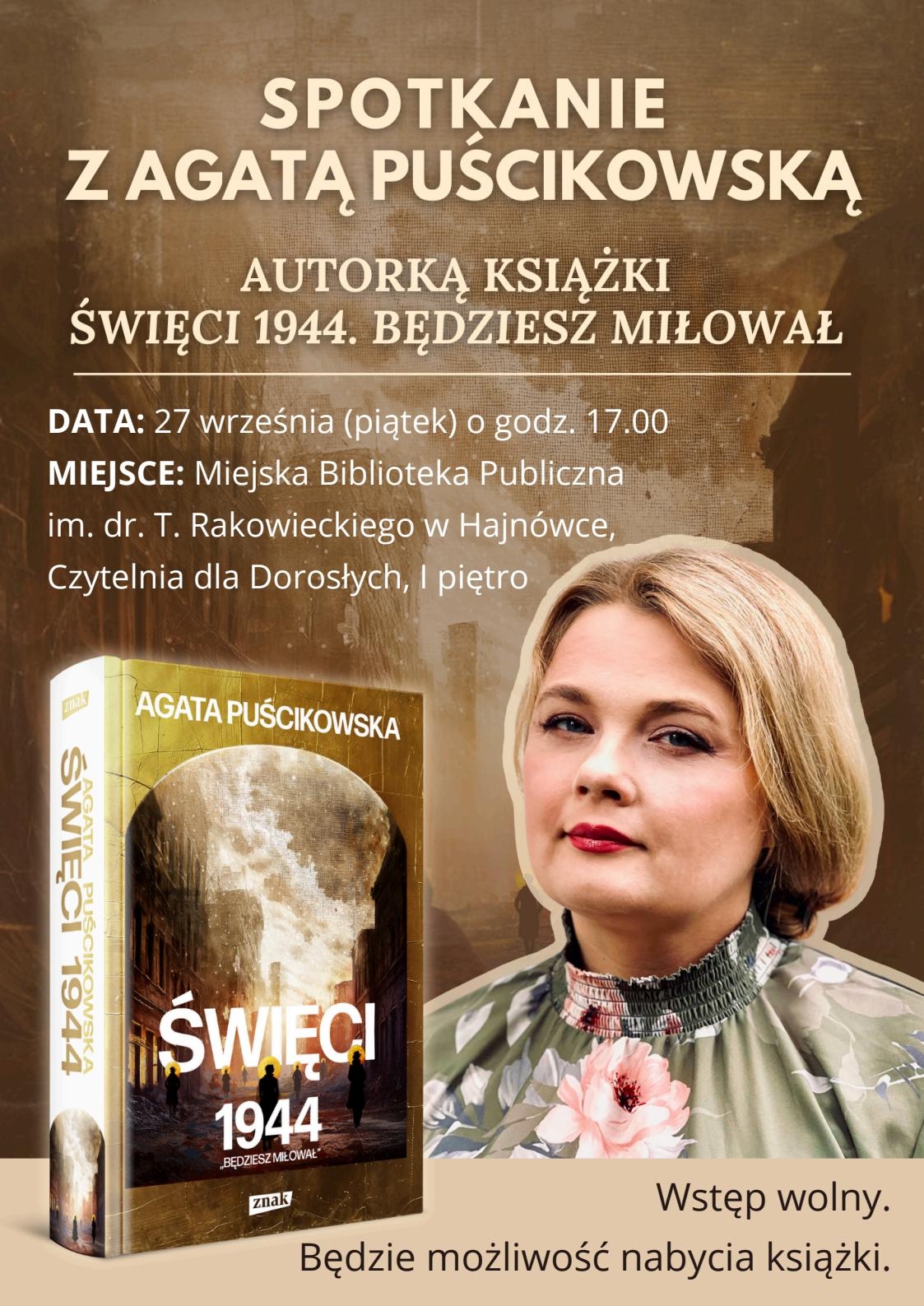 plakat zapowiadający wydarzenie w brązowej tonacji, w centrum zdjęcie autorki oraz jej książki