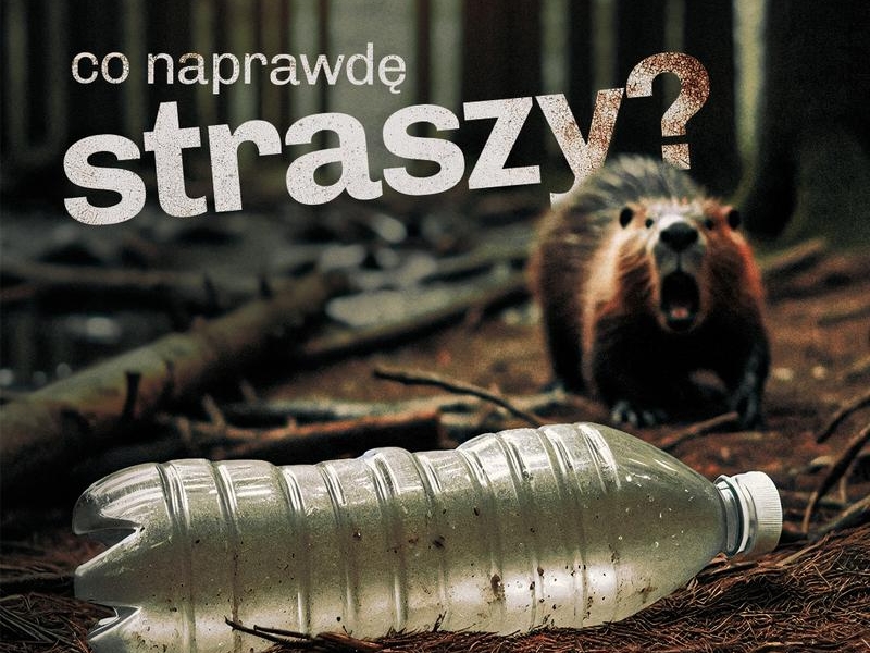 na pierwszym planie plastukowa butelka leżąca w lesie oraz przestrasznony bóbr. Napis: co naprawdę straszy?