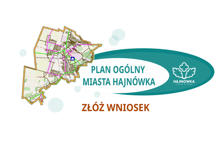 mapa miasta oraz napis PLAN OGÓLNY MIASTA HAJNÓWJKA - ZŁÓŻ WNIOSEK
