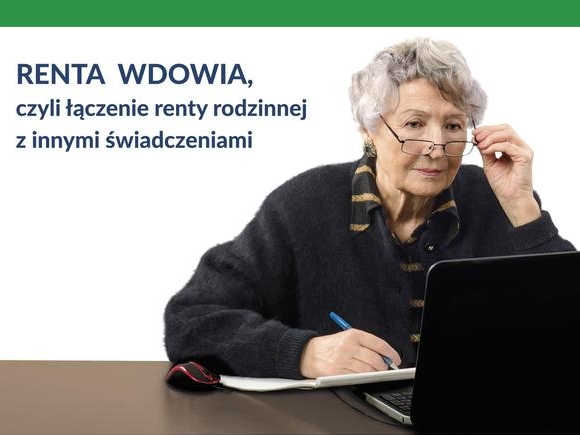 kobieta przy laptopie - napis renta wdowia