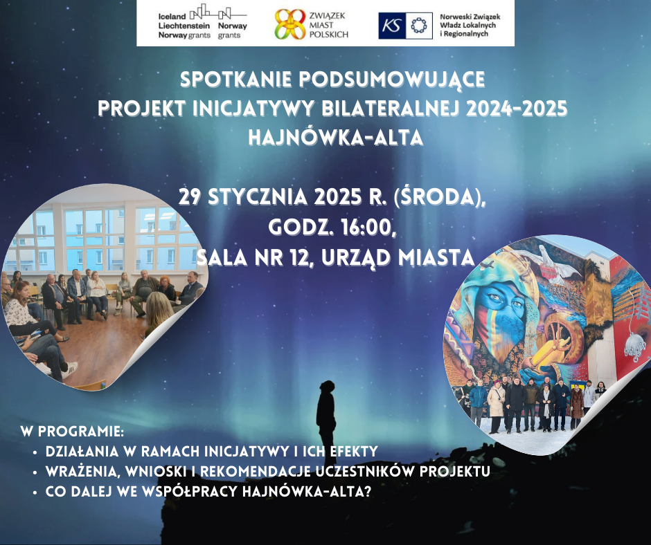 plakat - w tle zdjęcie zorzy polarnej w barwach niebieskich, na nim informacja o spotkaniu oraz logotypy projektu