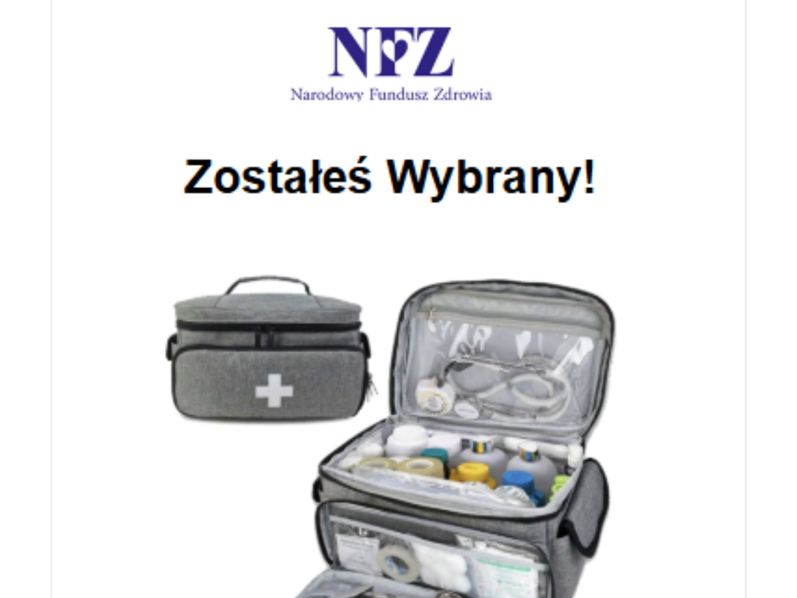 fałszywa wiadomość: e-mail, wiadomość o wygranej, logo NFZ i grafika apteczki