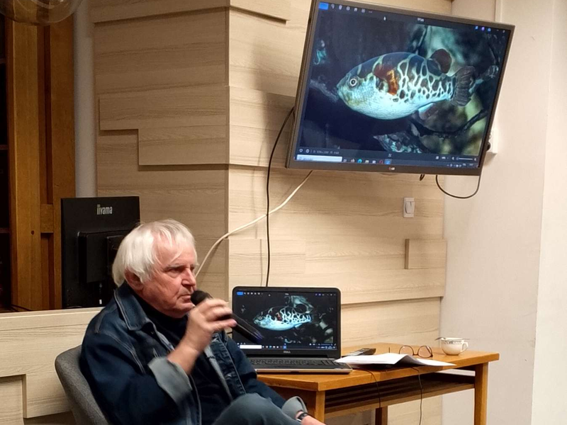 mężczyzna siedzi na fotelu, w tle widać zdjecie ryby wyświetlane na telewizorze