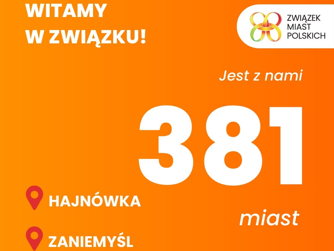 na pomarańczowym tle napisy Witamy w Zwiazku 381 miast / Hajnówka / Zaniemyśl oraz logo ZMP