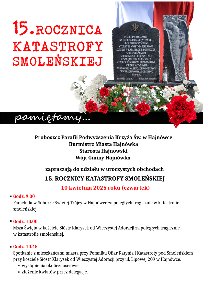 grafika pomnika i biało-czerwonej flagi oraz kwiatów, program obchodów