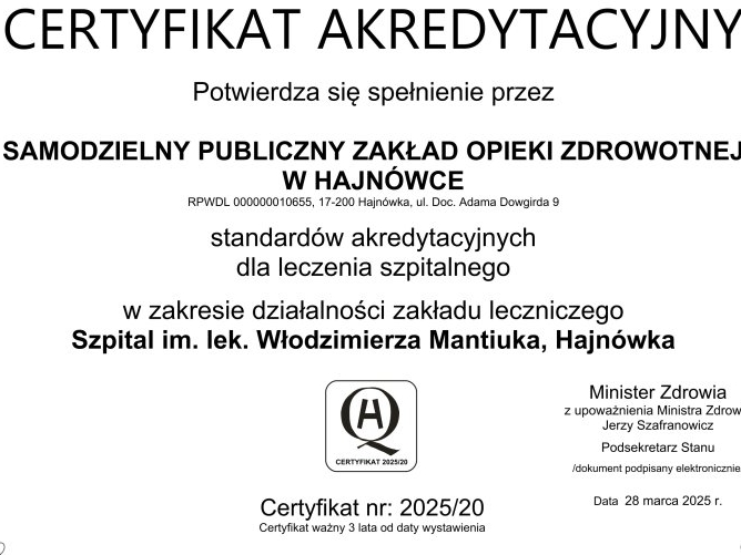 Certyfikat akredytacyjny przyznany szpitalowi