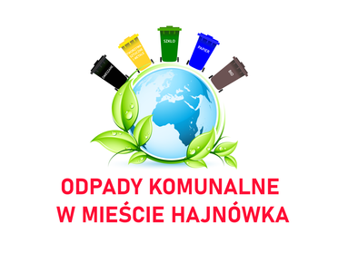 kolorowe kosze na odpady komunalne nad okrągłą Ziemią. Na dole napis ODPADY KOMUNALNE W GMINIE