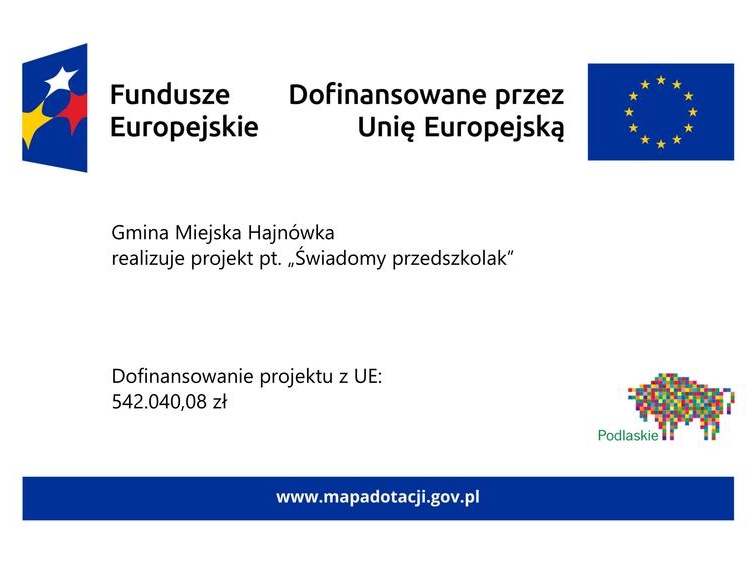 Tytuł projektu, informacja o dofinansowaniu oraz loga unijne i projektowe