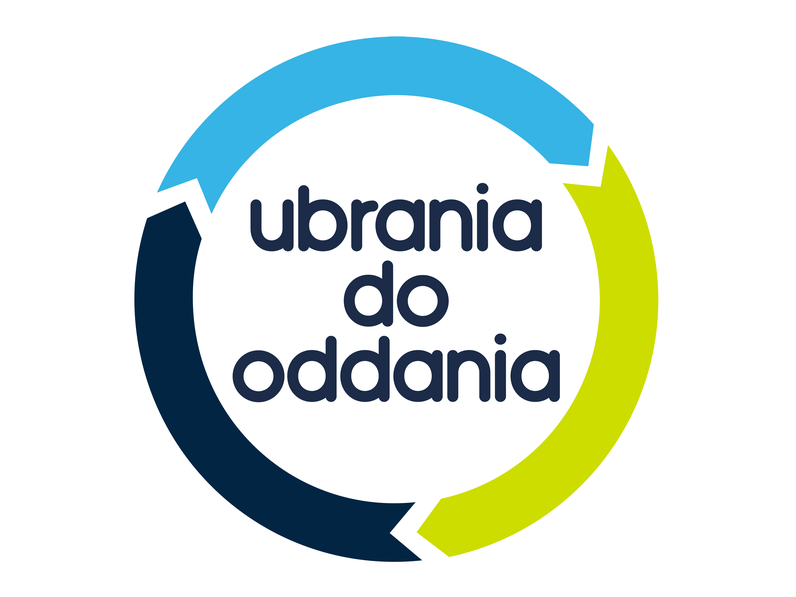 w czarno-niebiesko-zielonym okręgu napis: ubrania do oddania