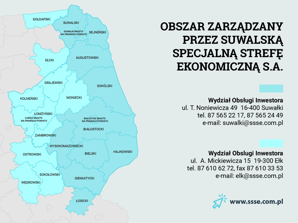 niebieskim kolorem zaznaczone obszary zarządzane przez Suwalską Specjalną Strefę Ekonomiczną, po prawej stronie dane kontaktowe
